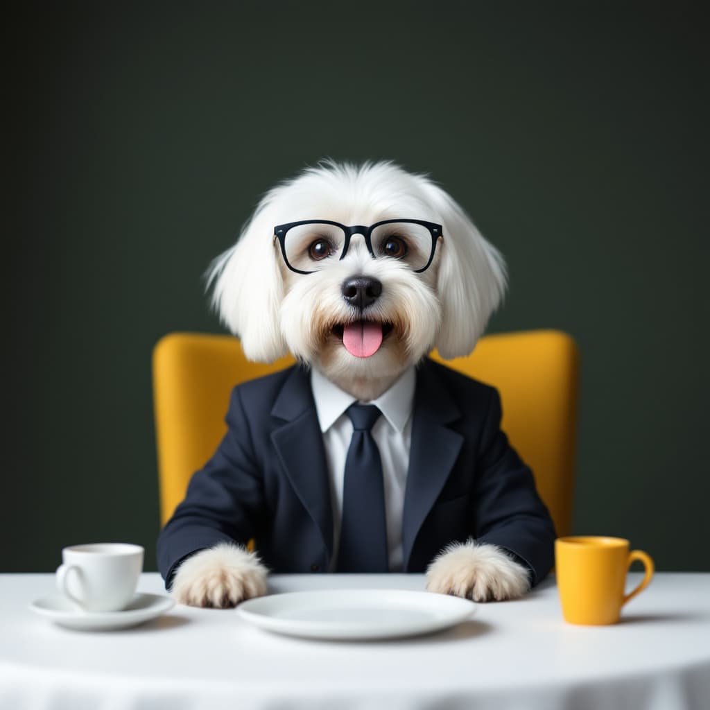 AI generated: Create my funny maltese dog sitting at the table with glasses jacket and tie