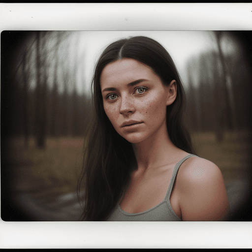 AI generated: hyper-realistic photo of a beautiful woman with hazel eyes and dark hair, staring at the camera, Pol...