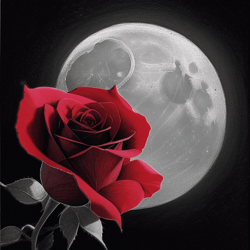 AI generated: 
in the dark a rose illuminated by light and moon in the background with a pencil title
