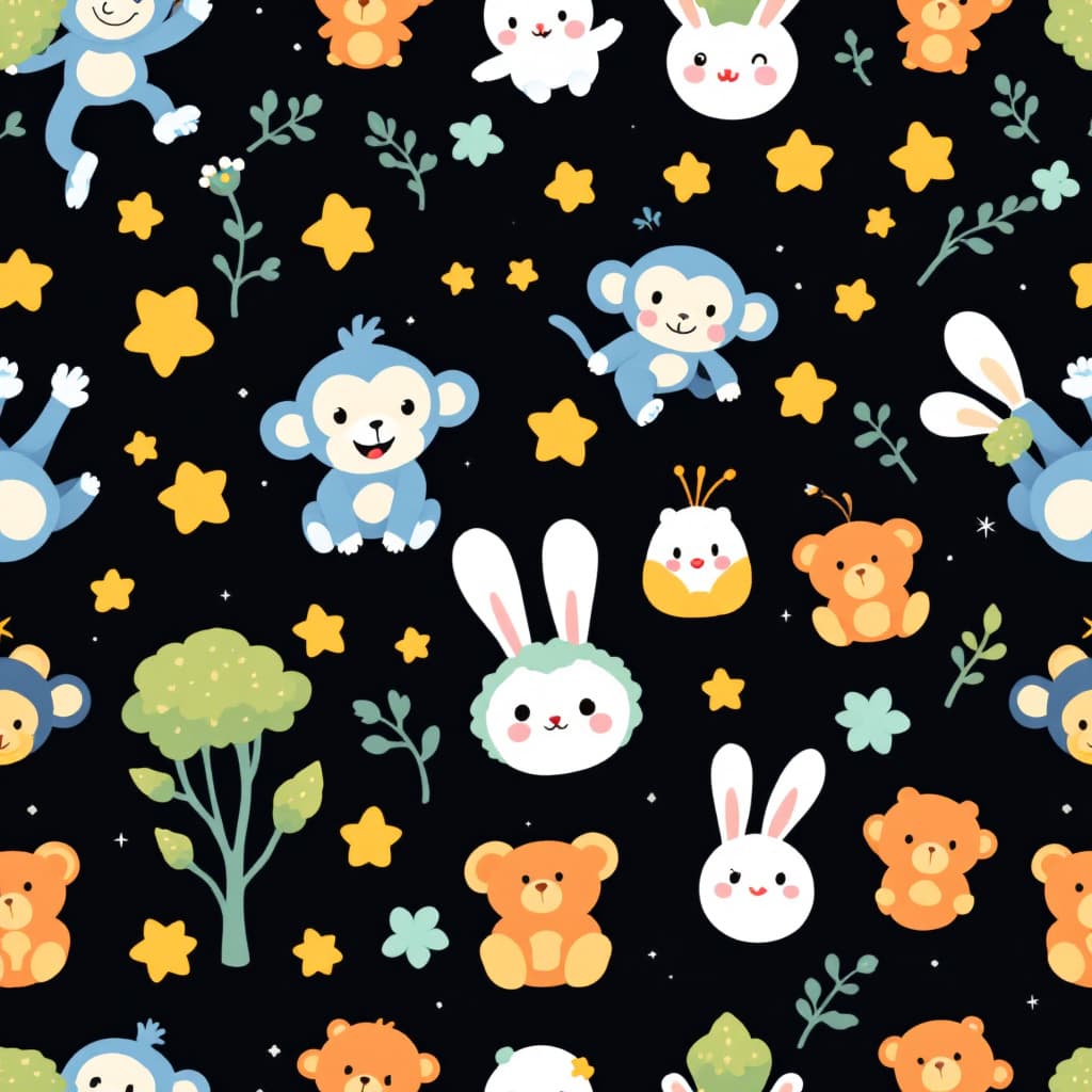 AI generated: A seamless repeating pattern featuring cute cartoon blue monkeys, smiling yellow stars, white rabbit...