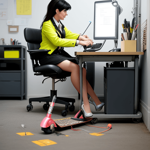 AI generated: a scooter battery charging on the ground in a work room. With a woman working at her desk.