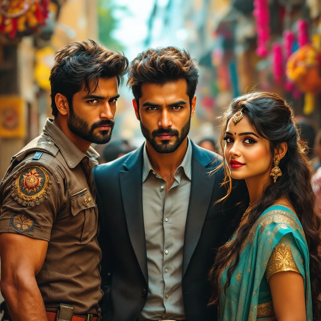 AI generated: Imagine a vibrant scene from Bollywood cinema, where three male and three female characters come tog...