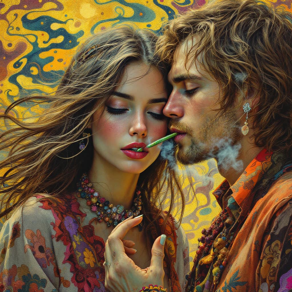 AI generated: A hippy girl and her hippy boyfriend from the 60's. Highly detailed. Their hair blowing in the wind....