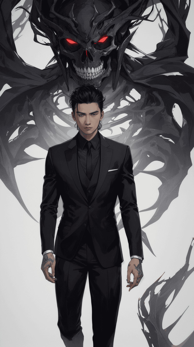 AI generated: personification of death, the man is asian, the man has tattoos . digital artwork, illustrative, pai...