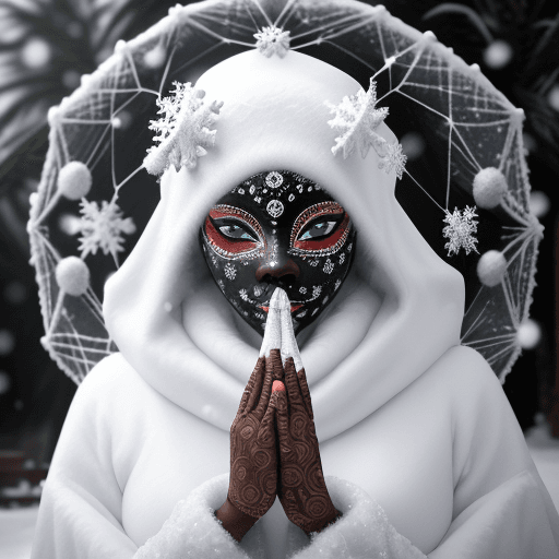 AI generated: DamShelma's art capturing an awe-inspiring lady donning traditional African voodoo mask, encircled b...