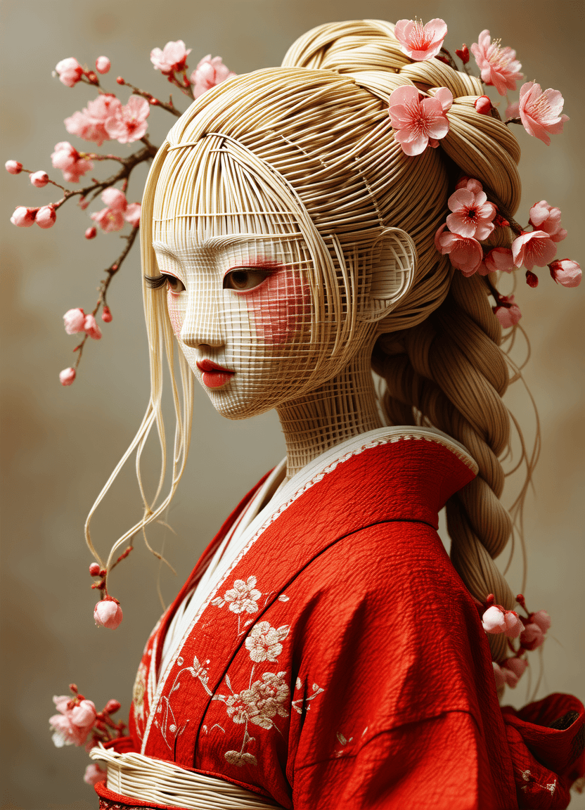 AI generated: The most beautiful Japanese straw doll woman made of thin straw, straw hair, cherry blossom in hair,...