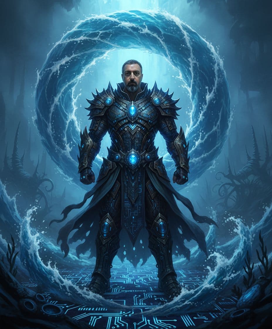 AI generated: brutal man king of ocean in spiral wave water, blue fog, mist background glorious , perfect face, re...