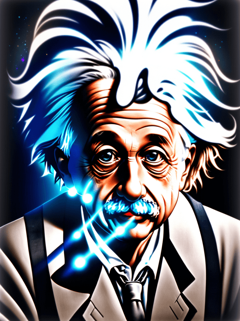 AI generated: Einstein, surrounded by modern gadgets, points towards a digital screen powering on. Close up on the...