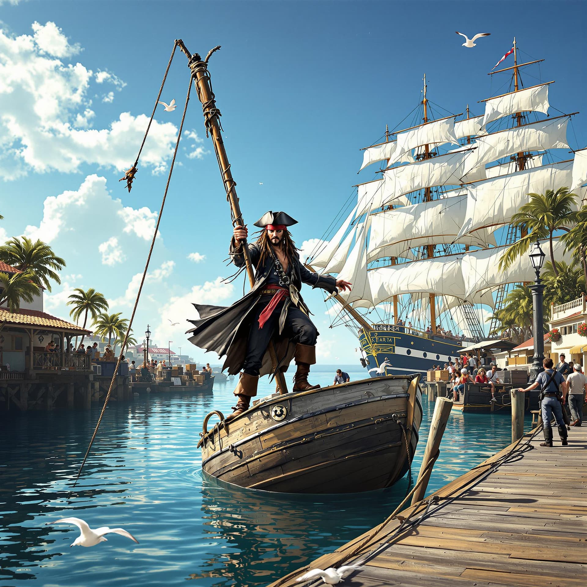 AI generated: "Depict the iconic opening scene of Jack Sparrow's dramatic entrance from Pirates of the Caribbean. ...