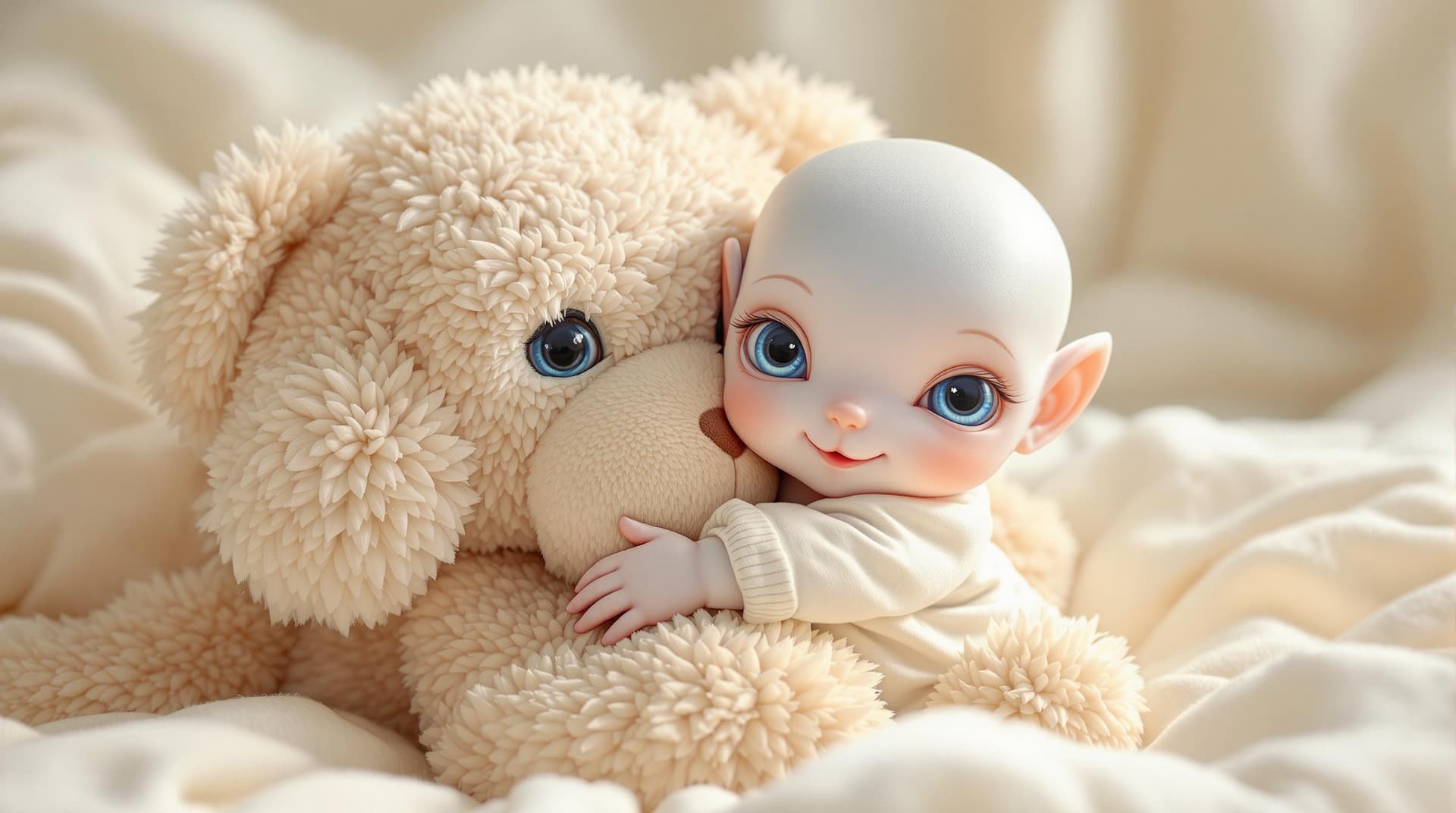AI generated:  a beautiful and cute alien babie, with bright blue eyes, wearing adorable pyjamas, hugging and play...