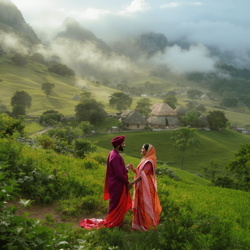 AI generated: A beautiful Somali pastoral village in the mountains, green landscapes, a happy couple in love, trad...