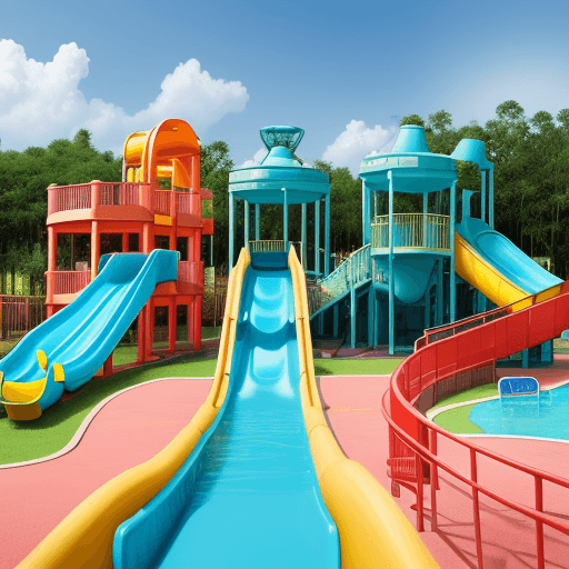 AI generated: A waterpark hotel geared towards helping orphans. This warterpark has 3 slides with bright colors. 