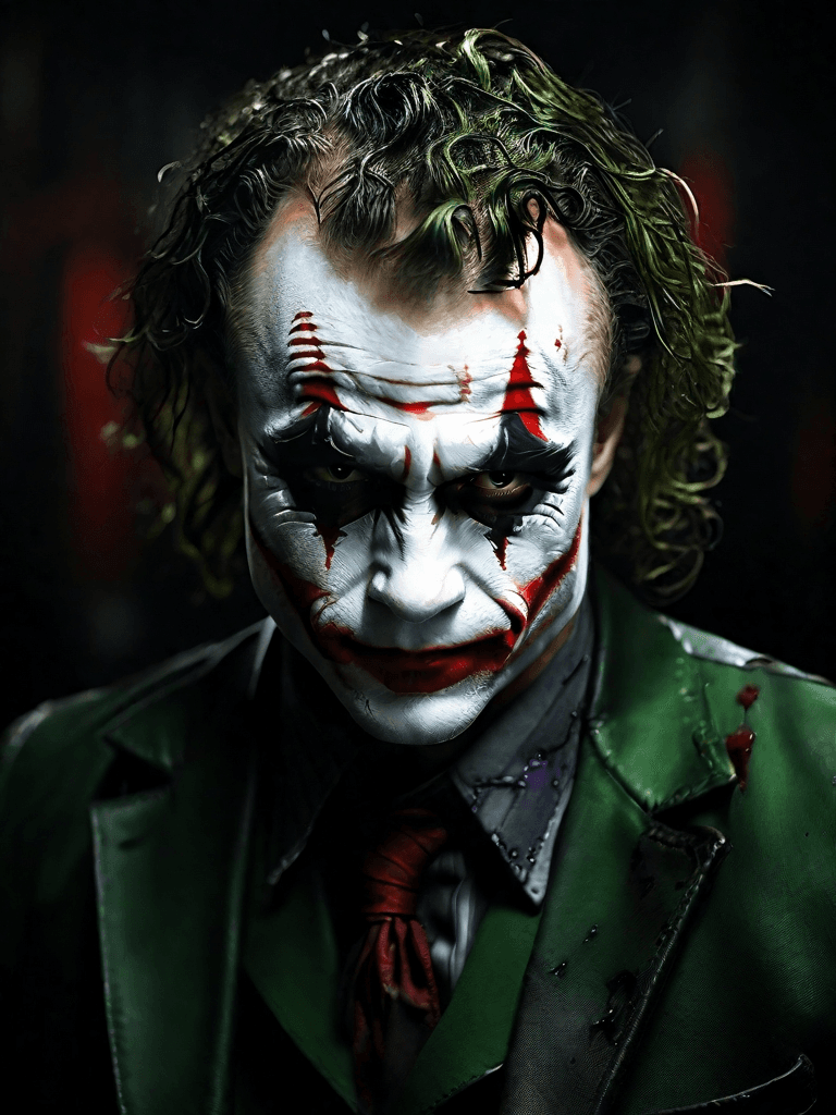 AI generated: A highly stylized, dark and gritty portrait of Heath Ledger as the Joker, inspired by The Dark Knigh...
