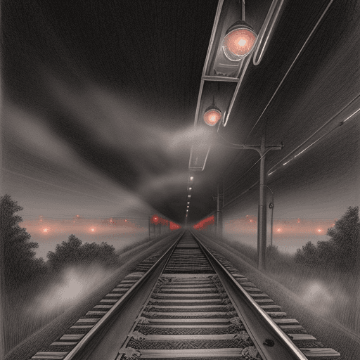 AI generated: beautiful pencil drawing of an emty rail road track, a train comeing from a dark tunel whith 3 light...