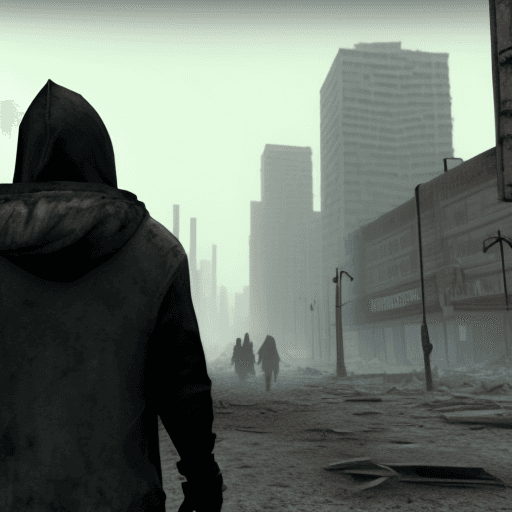 AI generated: Ruined post-apocalyptic city. Hooded person from the back.