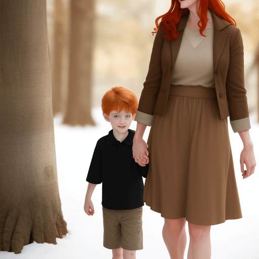 AI generated: little boy and tall redhead mom holding hands
