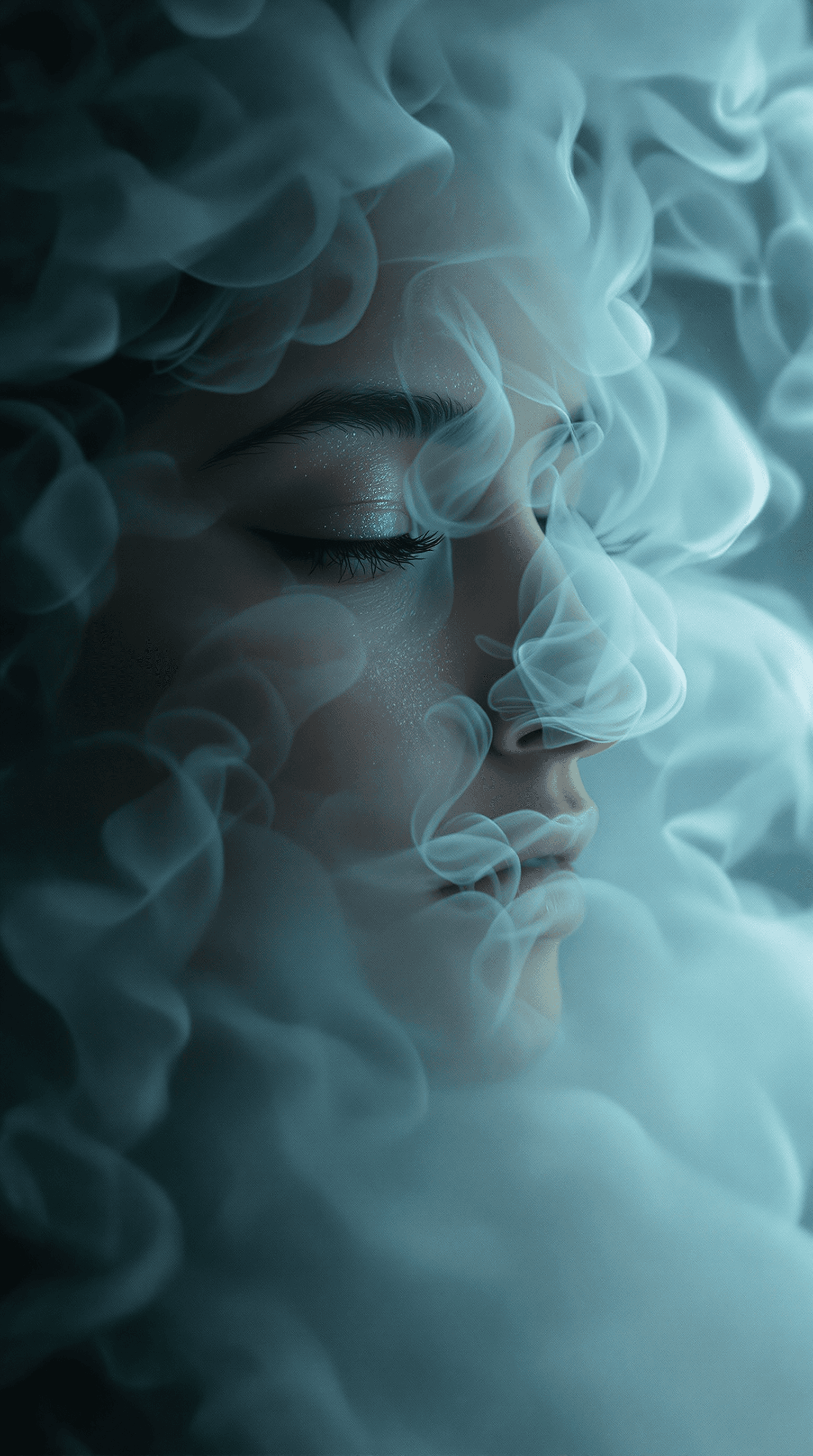 AI generated:  The image showcases a person’s face, enveloped in a swirling cloud of mist that gently obscures the...