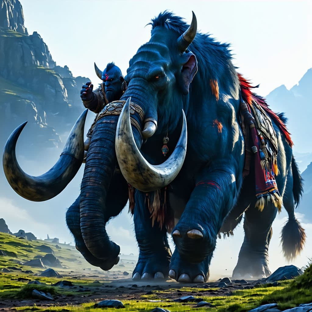 AI generated: A Full Body photo shot of a blue native orc warrior, riding on his majestic sharp tusk mammoth, beau...