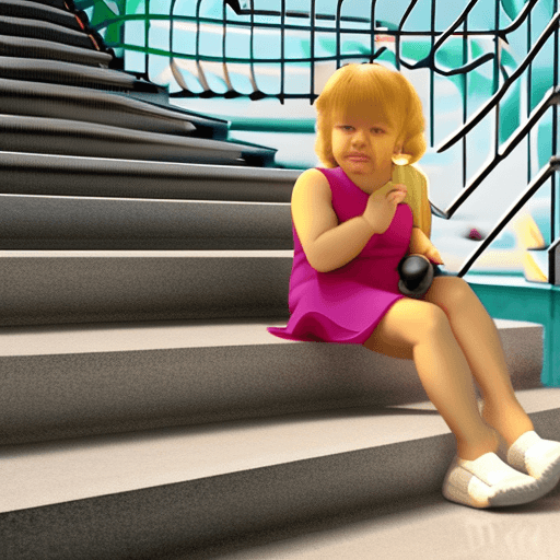 AI generated: A very pretty lady sitting on a set of stairs with a baby dragon beside her, hyperrealism, photoreal...