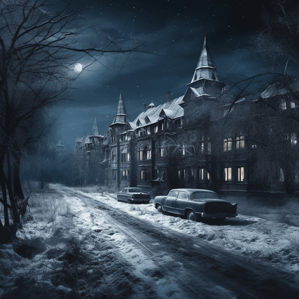 AI generated: avenue with trees and buildings, siberian city, abandoned in 1950, five long-abandoned cars, moonlig...