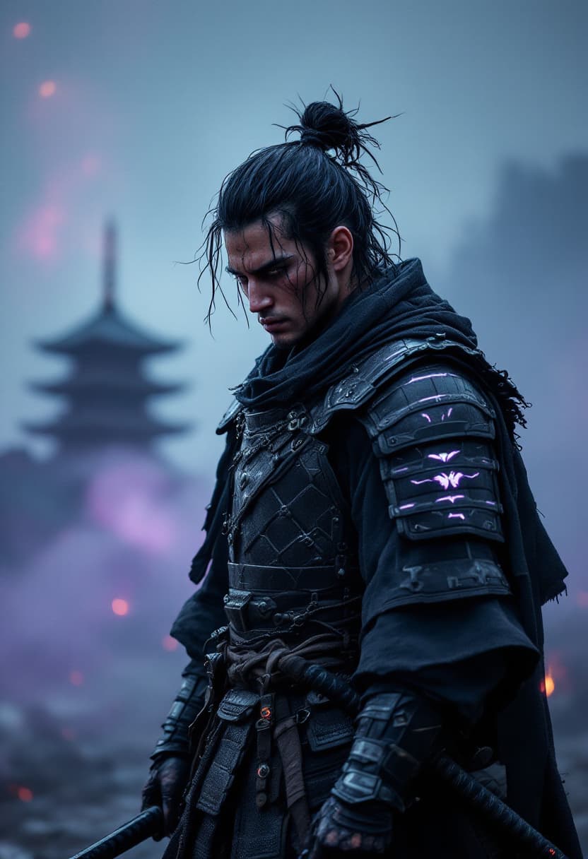 AI generated: a lone cyber-traditional samurai standing still in a misty battlefield, wearing worn dark traditiona...