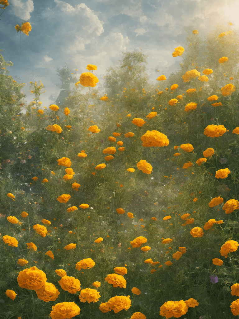 AI generated: << Garden factory,Tall factory,Many yellow marigold ,A few roses,clouds, ultra wide shot, atmospheri...