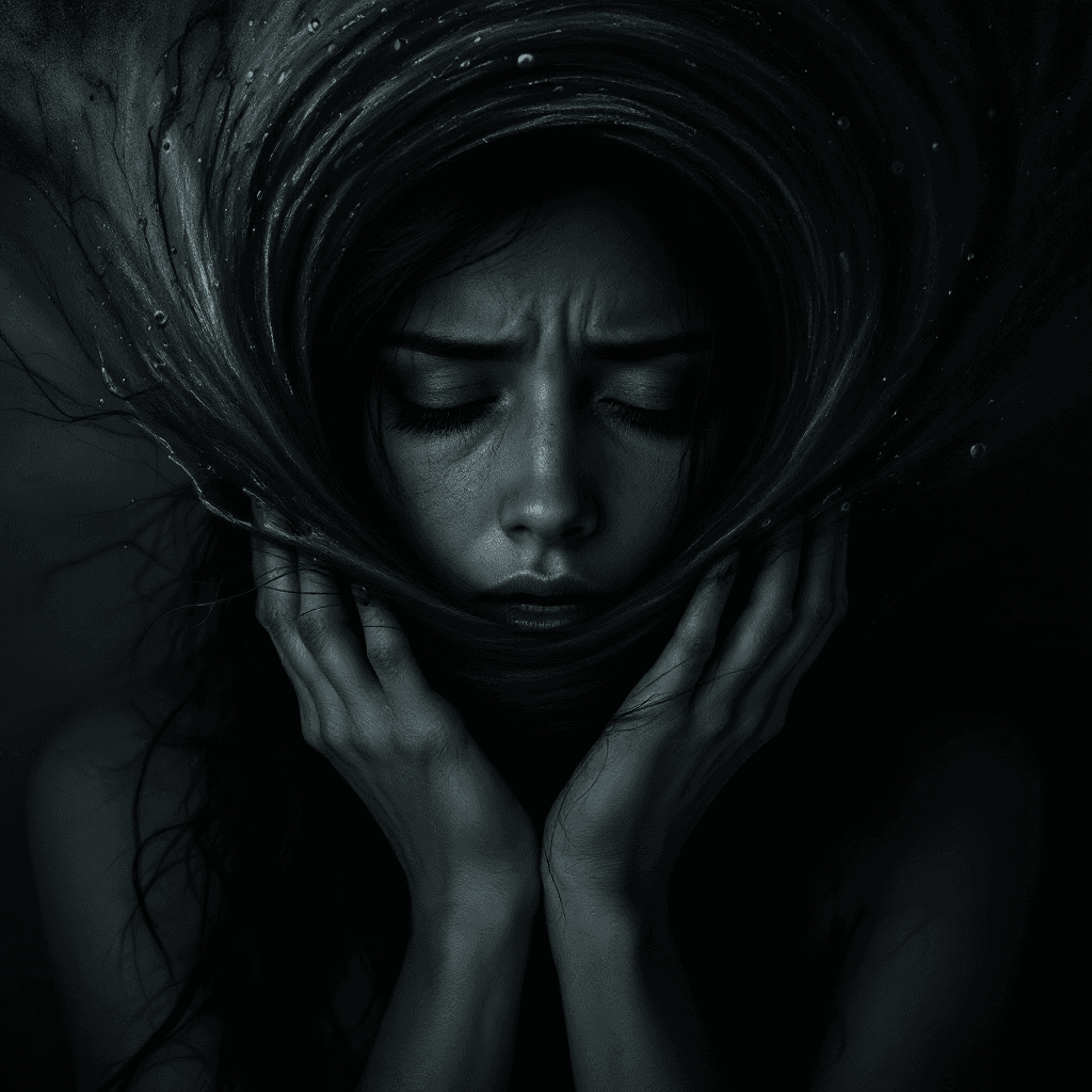 AI generated: A photorealistic woman with sorrow represented by a dark vortex emanating from her, a whirlpool of p...