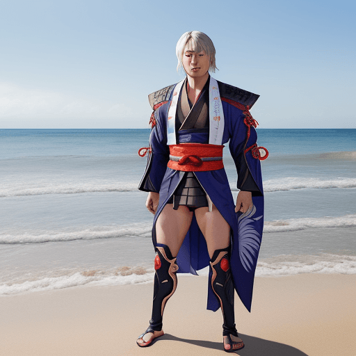 AI generated: Genshin Raiden Shogun wearing swimsuit standing on beach