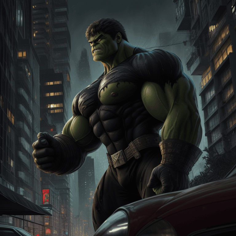 AI generated: hulk with captain venom, reddish eyes, urban avenue, modernist buildings from the year 1900, two par...