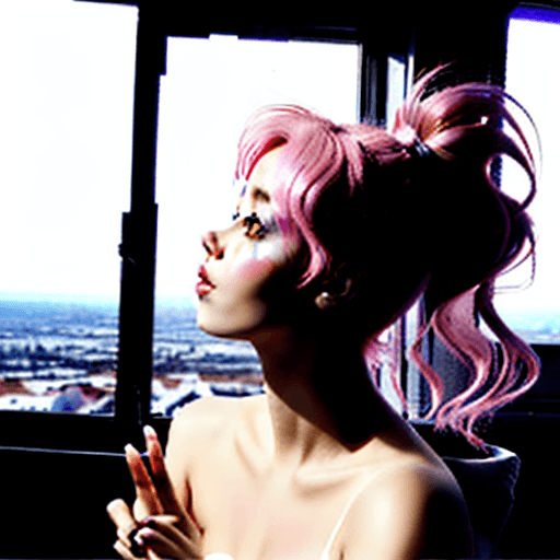 AI generated: the hair of the girl is pink and she send a kiss to earth from the window. outside the window she lo...