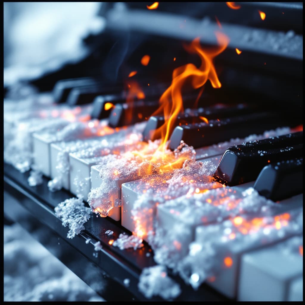 AI generated: create piano keyboard with ice rock and fire