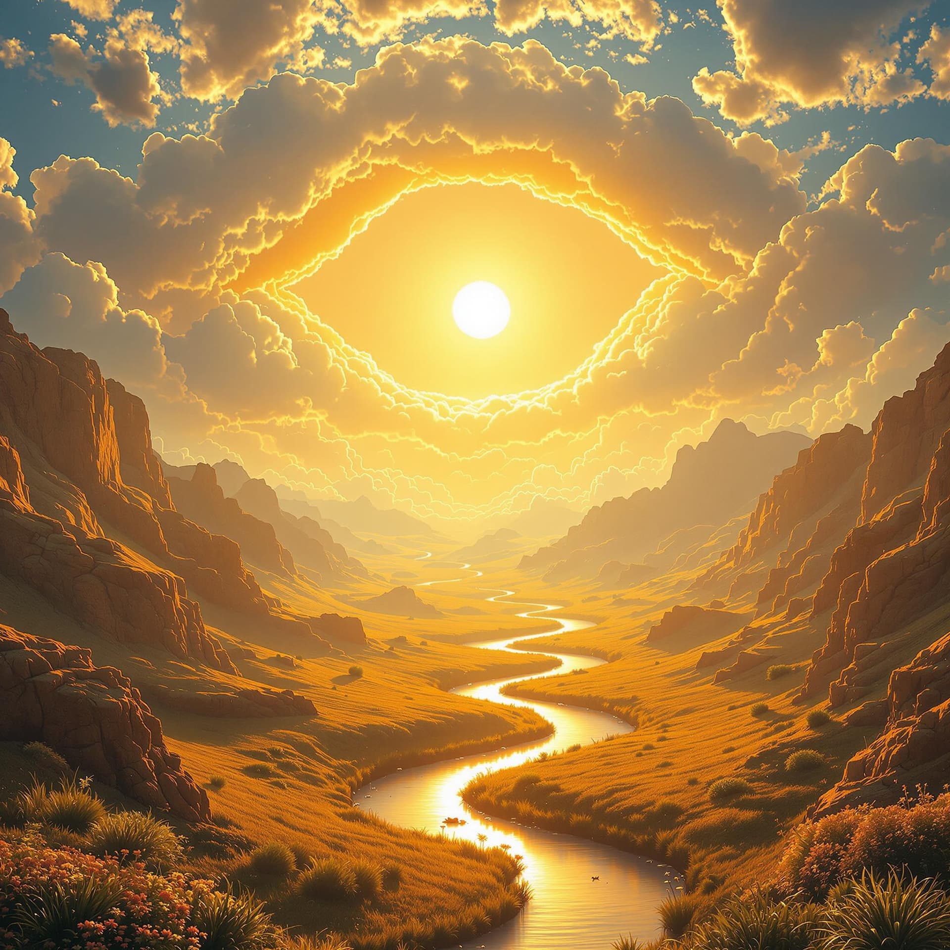 AI generated: A surreal, bright, hyperrealistic landscape bathed in golden morning light. Puffy clouds form a gent...