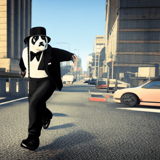 AI generated: in the style of gta v, a black and white thief panda wearing: a black bowler hat, a tartan bow tie, ...