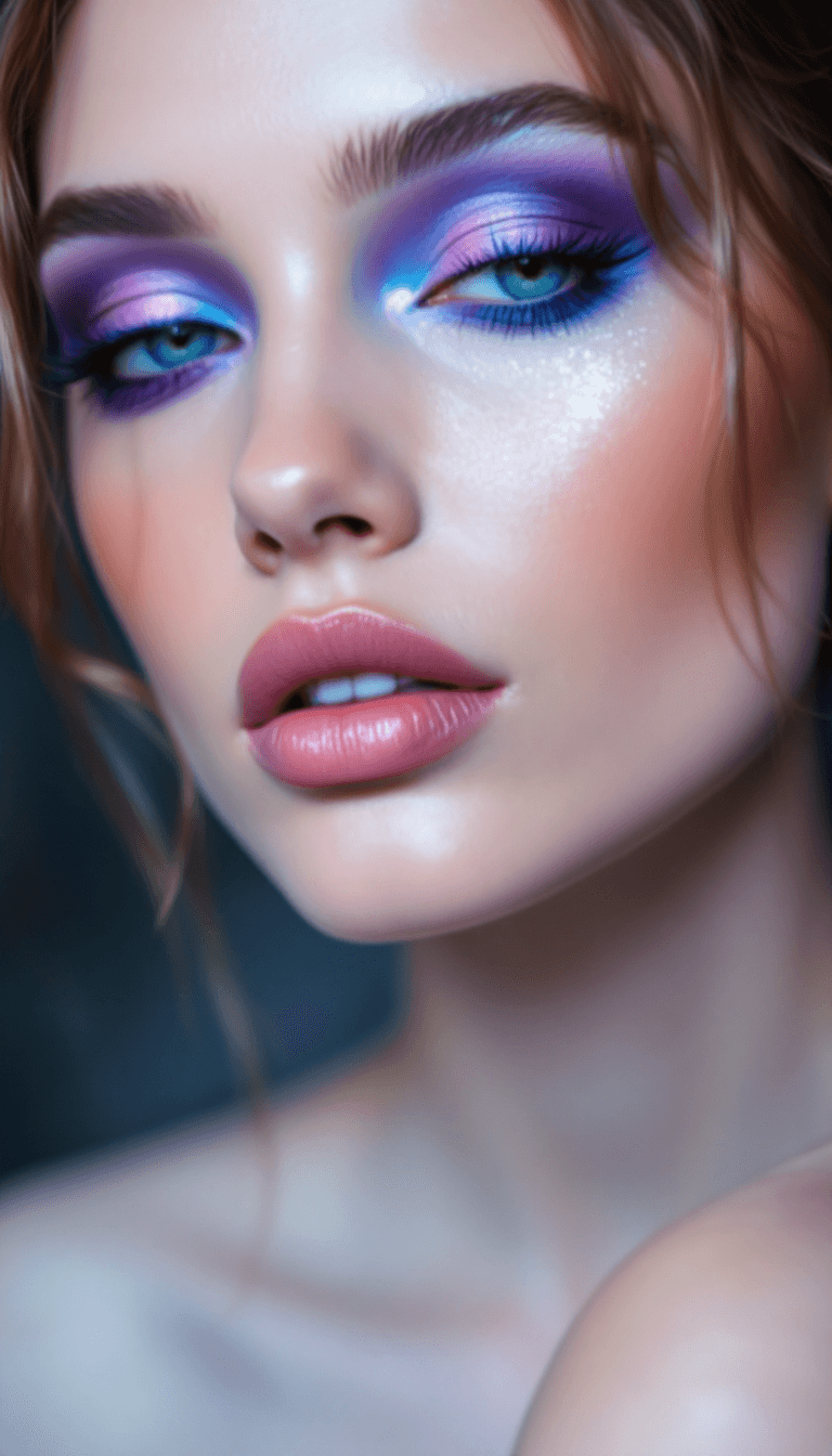 AI generated: a photo of a gorgeous model wearing blue and purple eyeshadow look, y2k inspired, dreamy --ar 2:3 --...