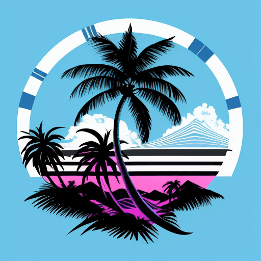 AI generated: Synthwave Tropical nation flag with a palm tree at the center, blue, black, white colors