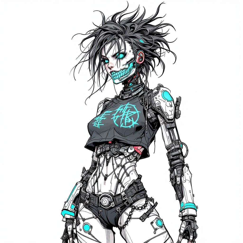 AI generated: Create an intricate sketch of a cyborg character, heavily influenced by punk rock aesthetics. The cy...