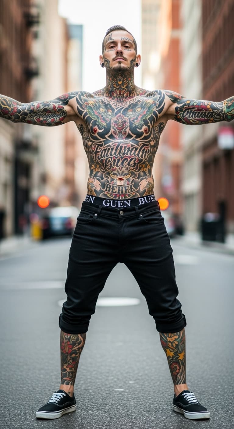 AI generated: realistic full body image:  a man covered in tattoos 