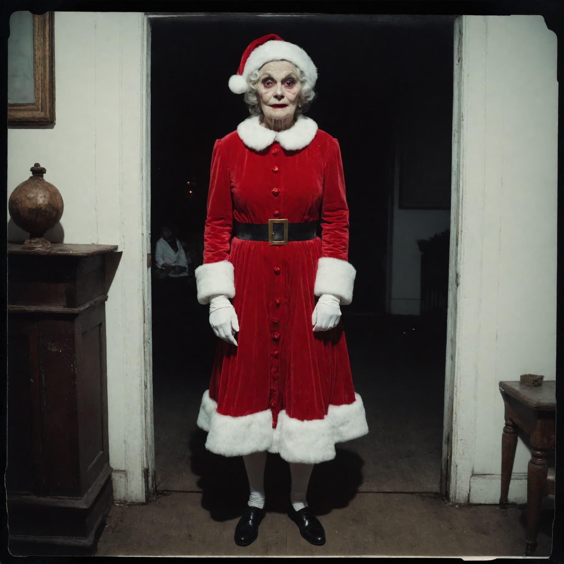 AI generated: A disturbing polaroid picture of mrs. claus, full body shot, skinny, deadpan, (((scary bulging eyes)...