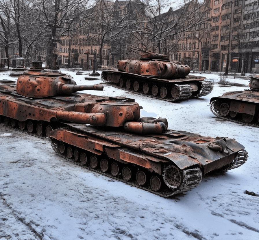 AI generated: one  lost  rusted camo  german  tank  is dead. It is lying on  the ground in the street in a  german...