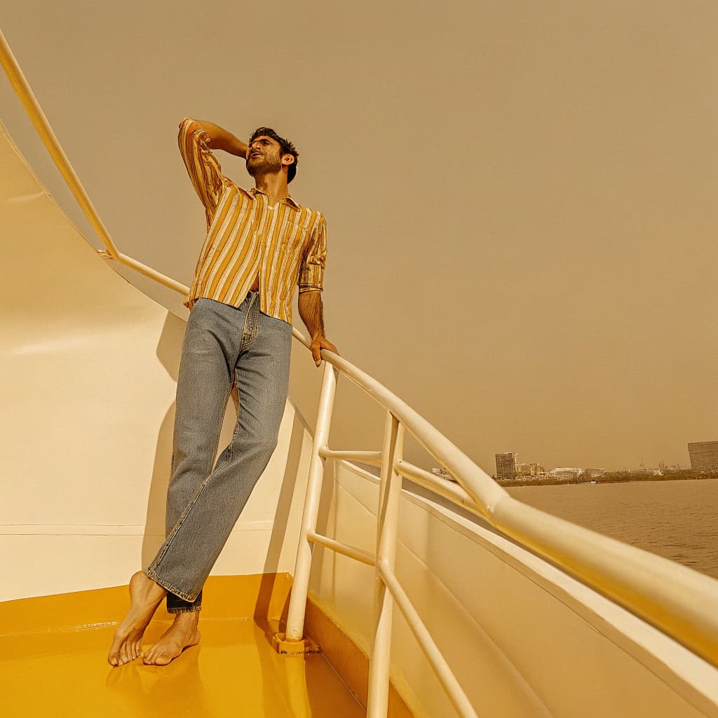AI generated: create a image for this "A man standing on a boat deck, looking at the camera." in a striped shirt a...