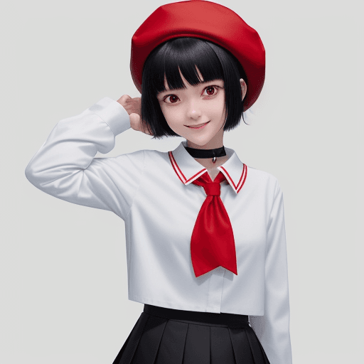 AI generated: Photograph, f/5, very short black hair with choppy bangs, Japanese smiling thin girl wearing red ski...