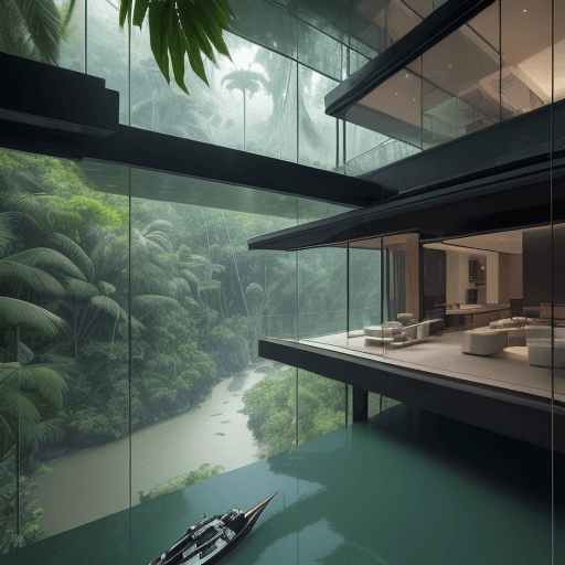 AI generated: Picture a sleek, modern residence seemingly floating above a jungle river. Describe the innovative a...