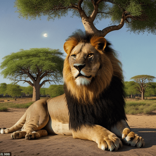 AI generated:  [oil painting:1.2], [artistic], [masterpiece], a male lion waiting for his female behind a baobab],...