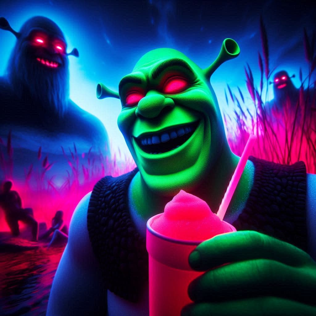 AI generated: figura oscura Shrek astral riendose como un papucho disfrutando del granizado en la playa todo detal...