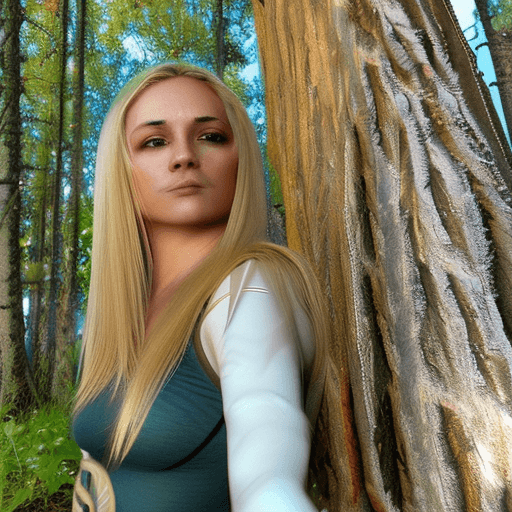 AI generated: Blonde elven ranger hiding behind trees holding two daggers