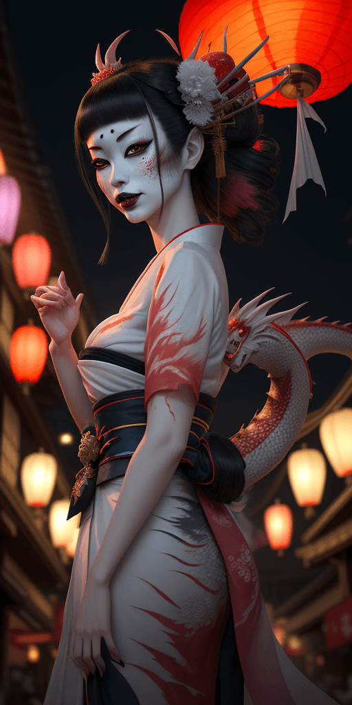 AI generated: An ethereal Geisha zombie dragon amidst a festival night, paper lanterns illuminating the lively str...