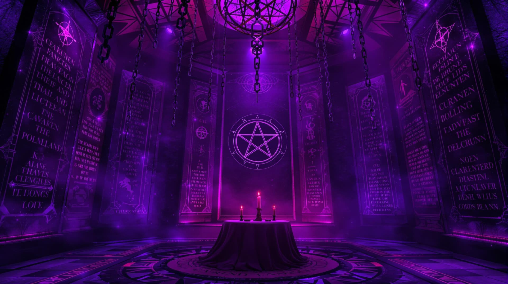 AI generated: a room with a pentagram and chains hanging from above, adding to the occult atmosphere. The walls ar...