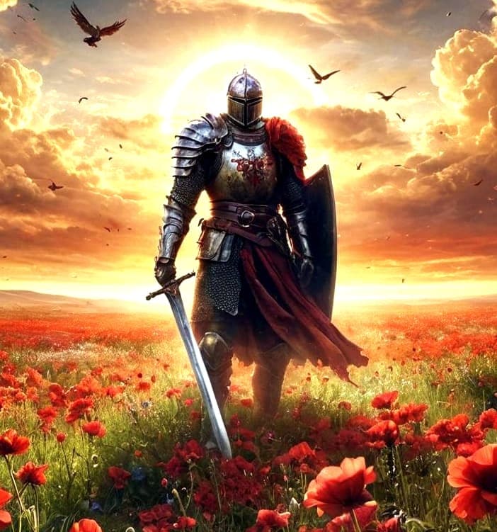 AI generated: "Hyper-realistic digital art of a majestic scene featuring a lone knight standing tall in a field of...