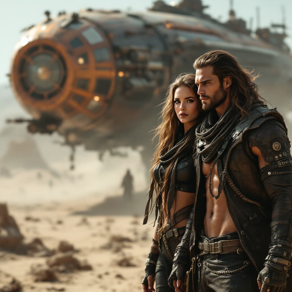 AI generated: A post-apocalyptic cyberpunk desert couple standing in front of their airship, wearing beautiful and...