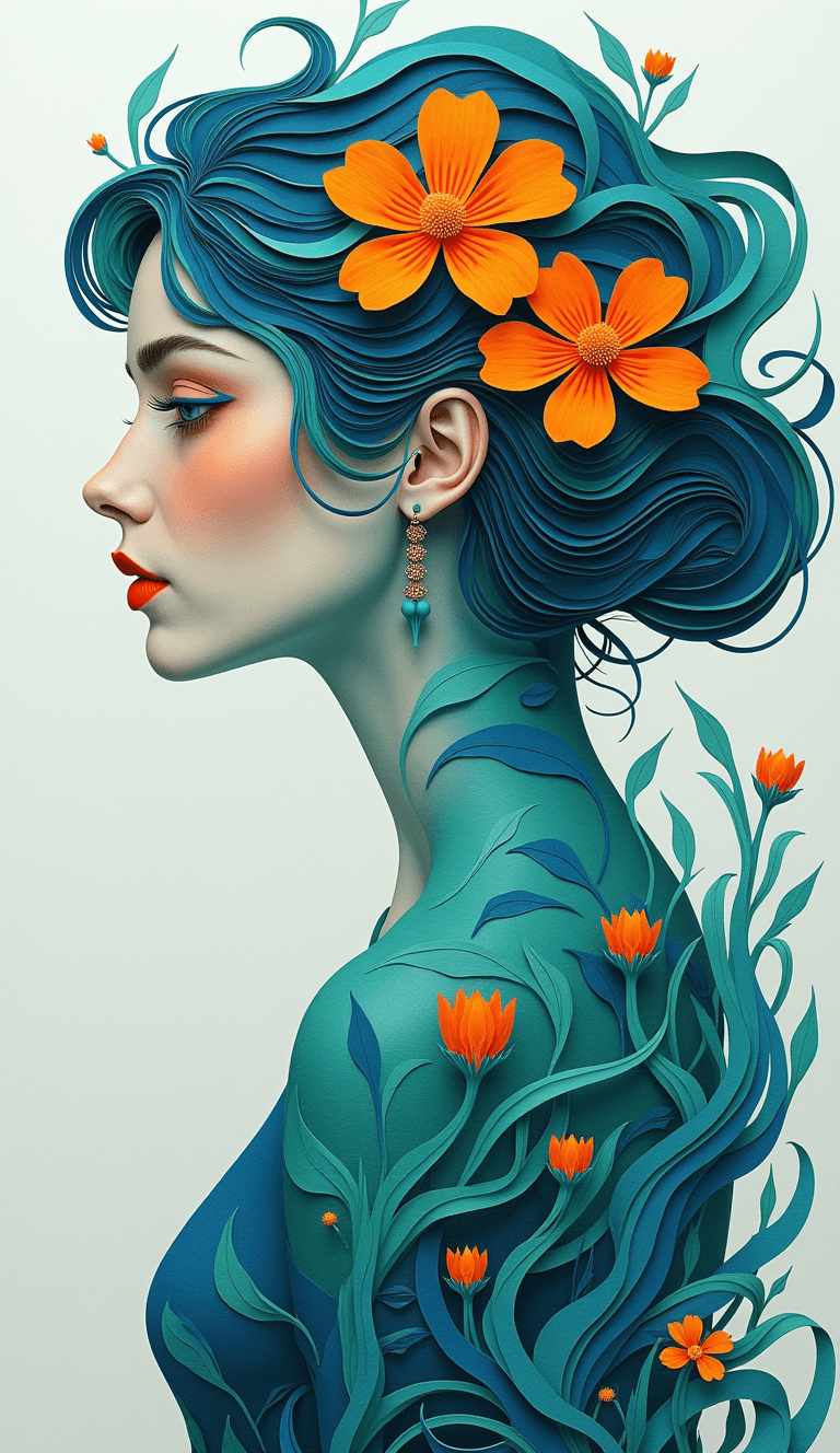AI generated: A stylized profile of a woman with flowing teal hair intertwined with vibrant orange flowers and gre...